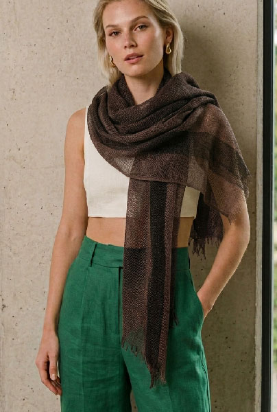 Brown thin linen scarf hand made